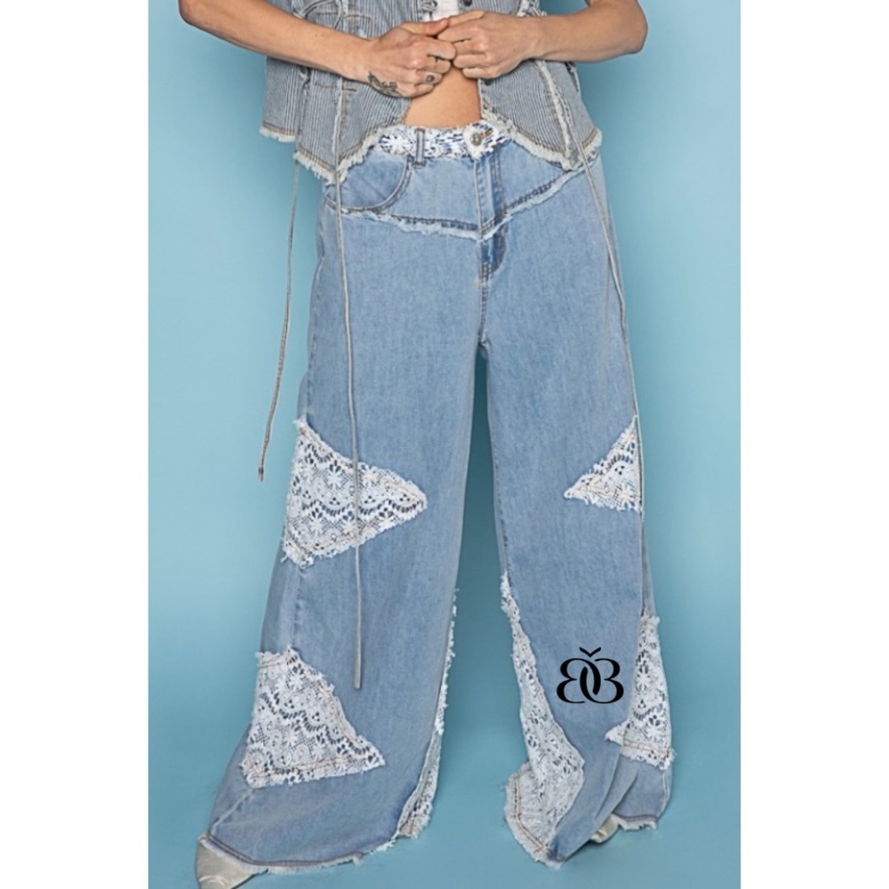 POL Vintage Washed Crochet Patched Straight Wide Leg Slouch Jeans - Picture 8 of 16